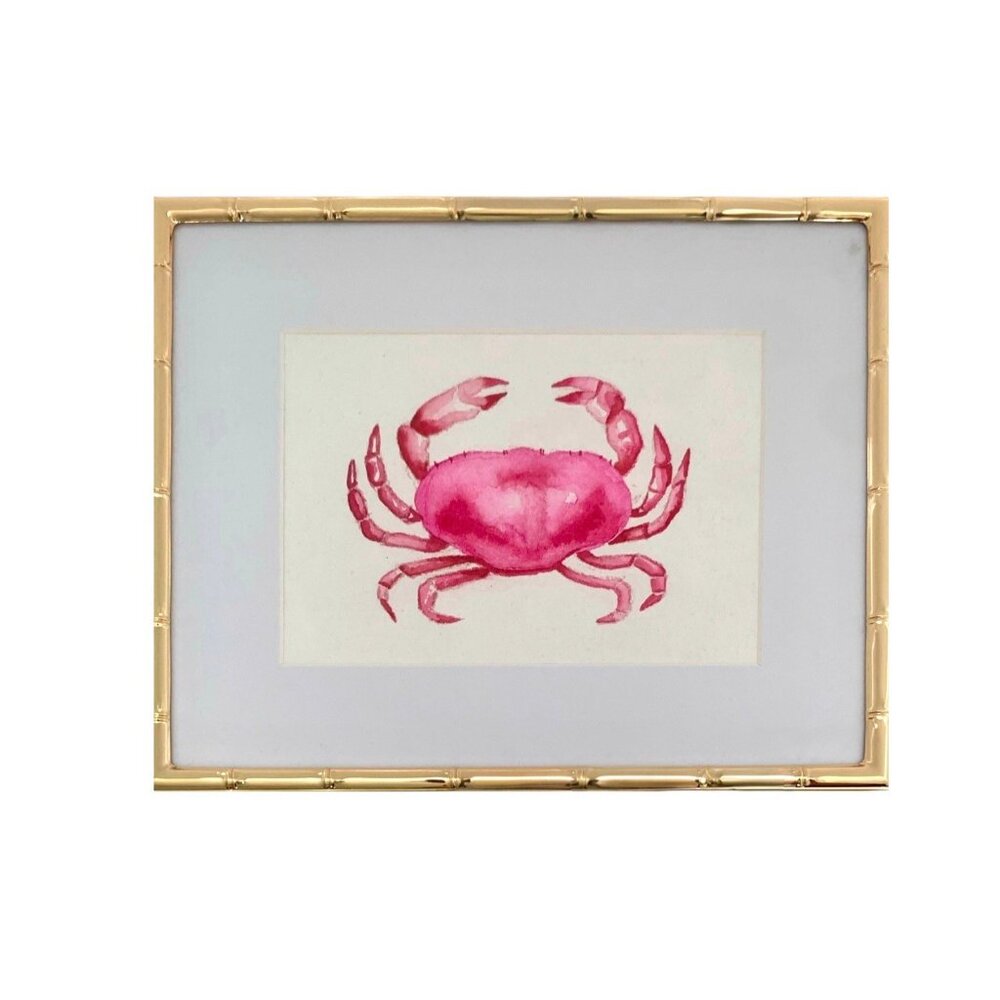 Painting Pink Crab Original Watercolor in Bamboo Gold Frame Costal Decor